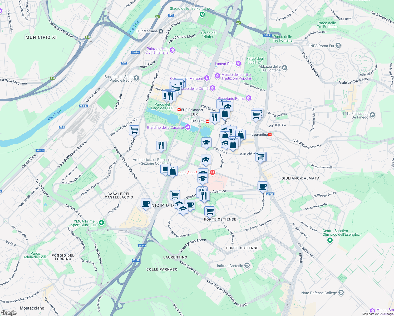 map of restaurants, bars, coffee shops, grocery stores, and more near 63 Viale del Poggio Fiorito in Roma