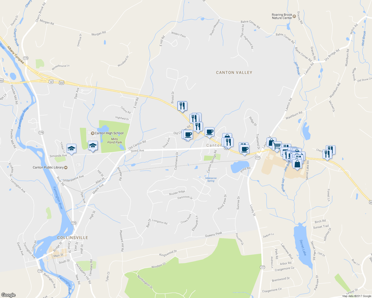 map of restaurants, bars, coffee shops, grocery stores, and more near 434 Dowd Avenue in Canton