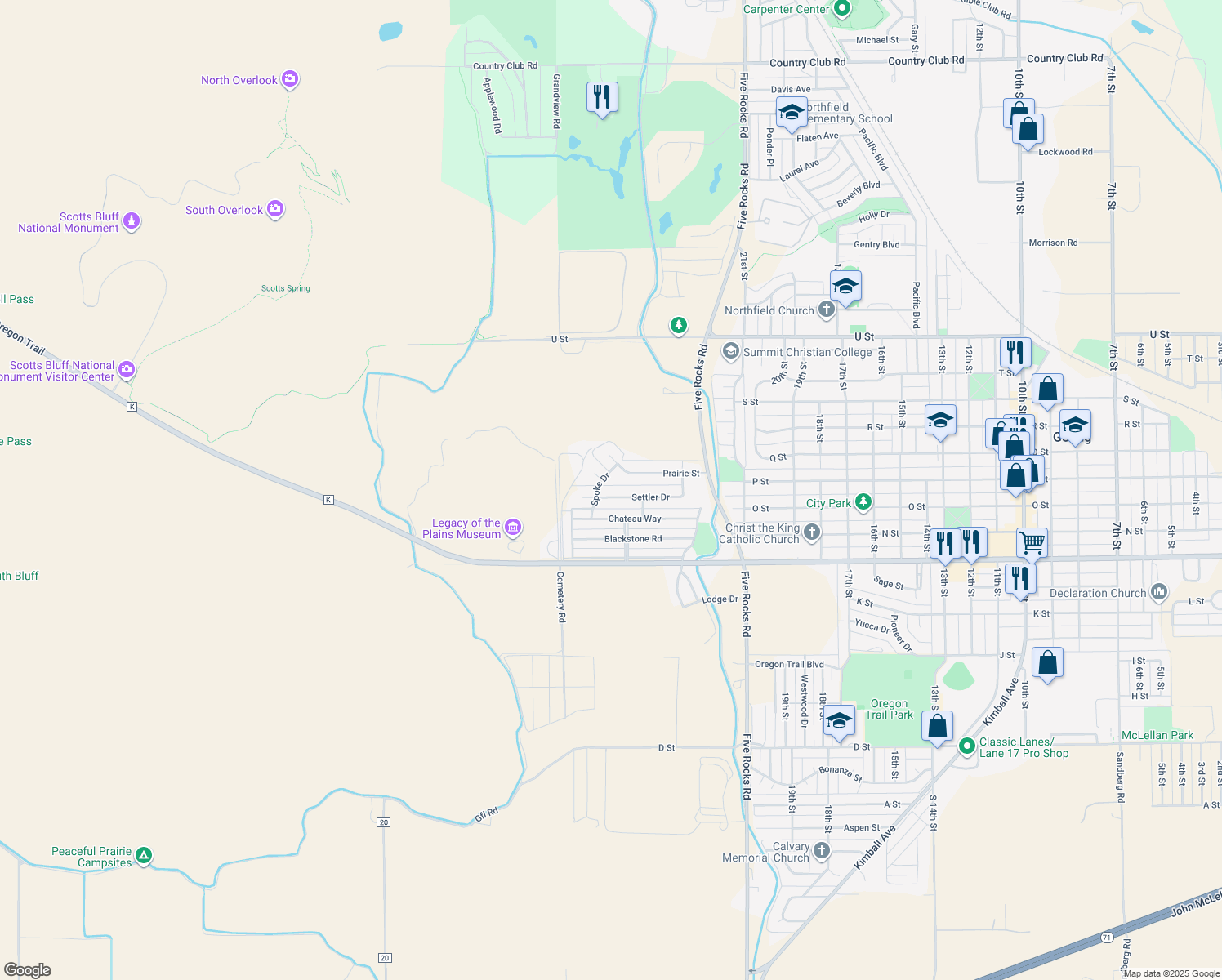 map of restaurants, bars, coffee shops, grocery stores, and more near 2650 Settler Dr in Gering