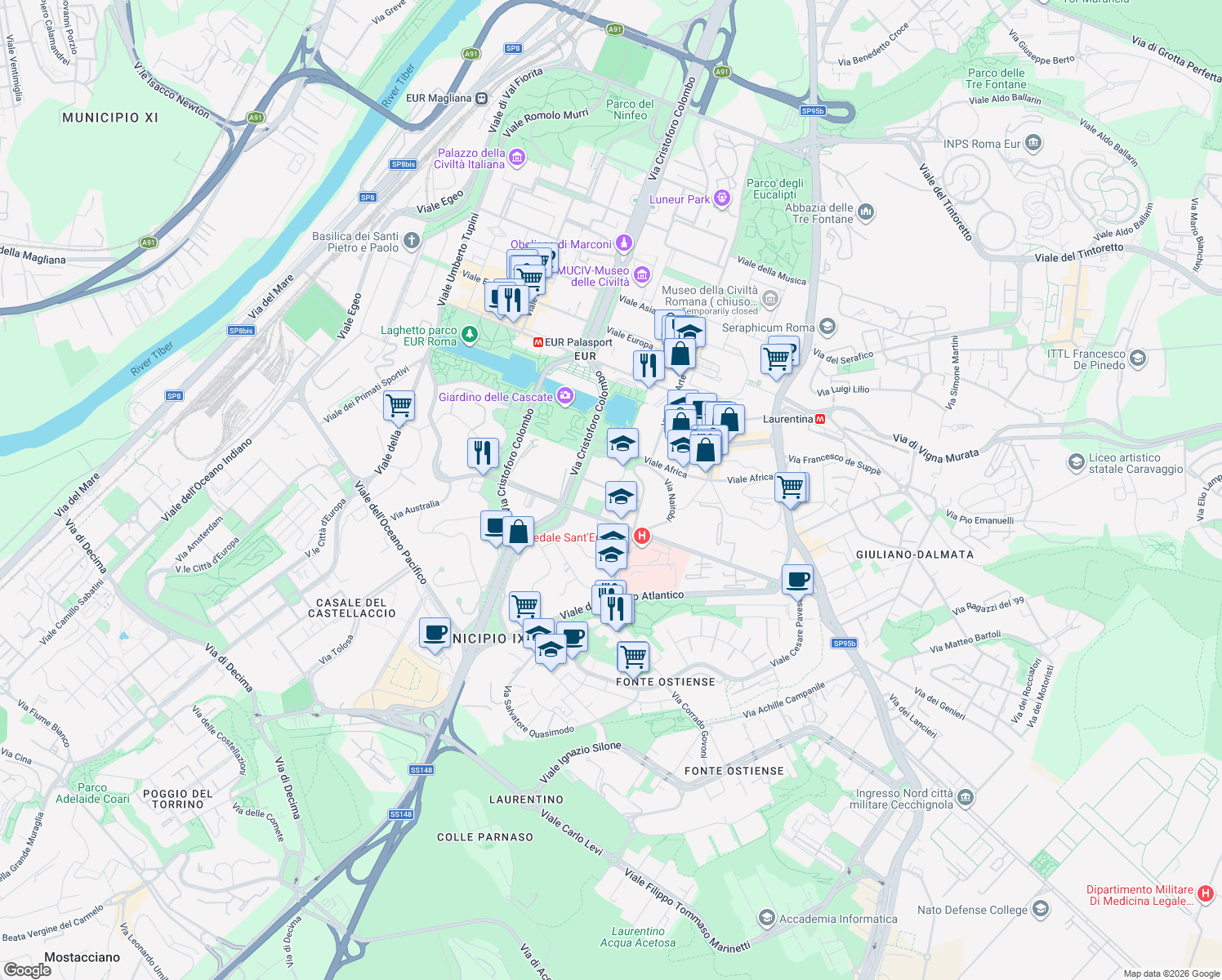 map of restaurants, bars, coffee shops, grocery stores, and more near 63 Viale del Poggio Fiorito in Roma