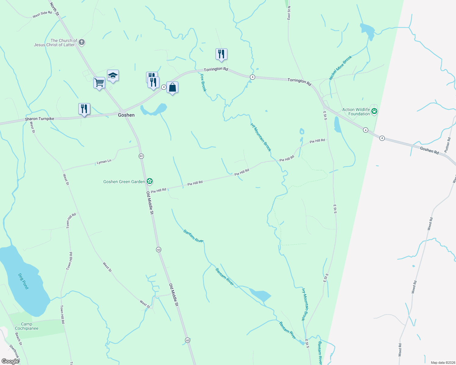 map of restaurants, bars, coffee shops, grocery stores, and more near 120 Pie Hill Road in Goshen