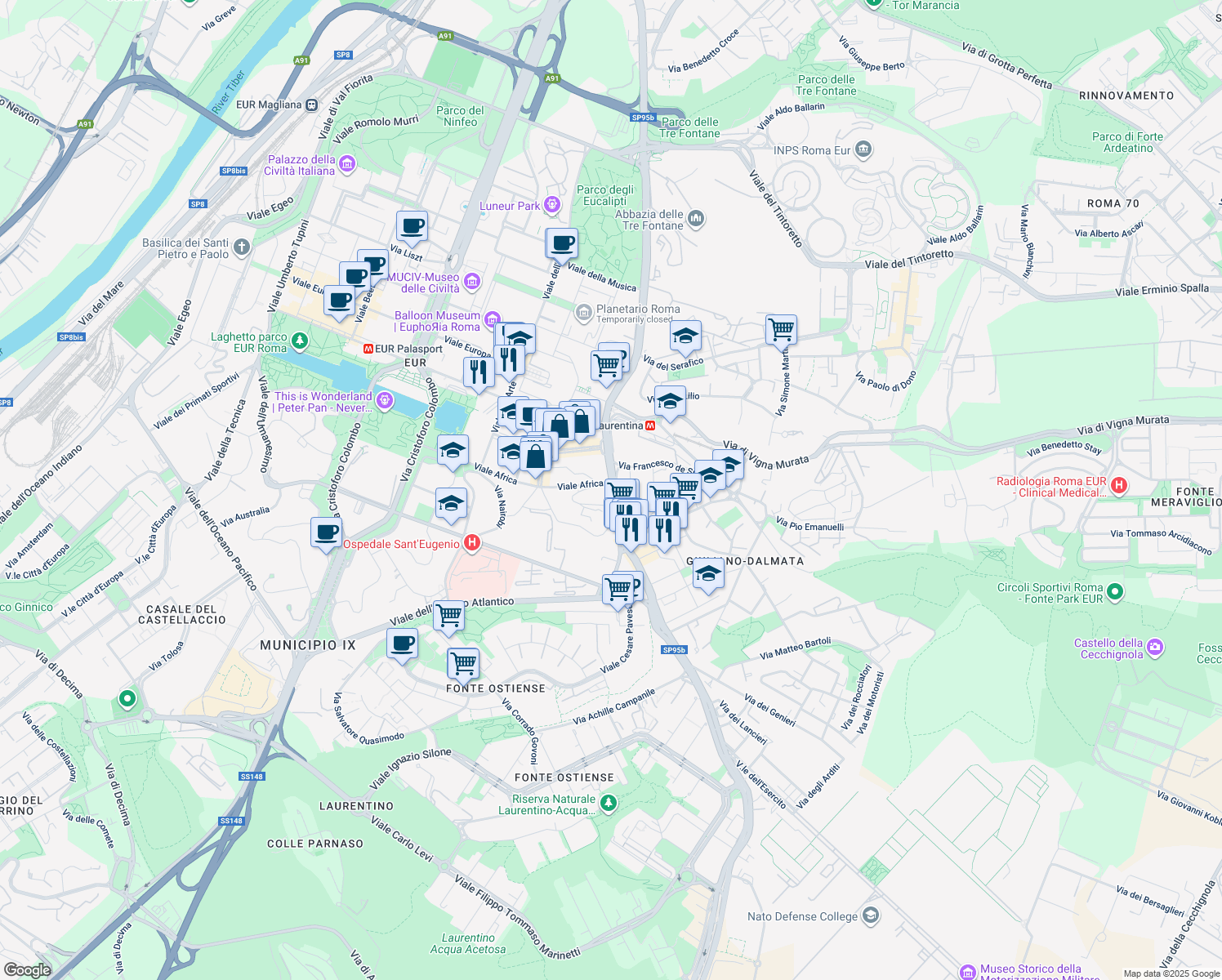 map of restaurants, bars, coffee shops, grocery stores, and more near 1 Via della Sierra Nevada in Rome