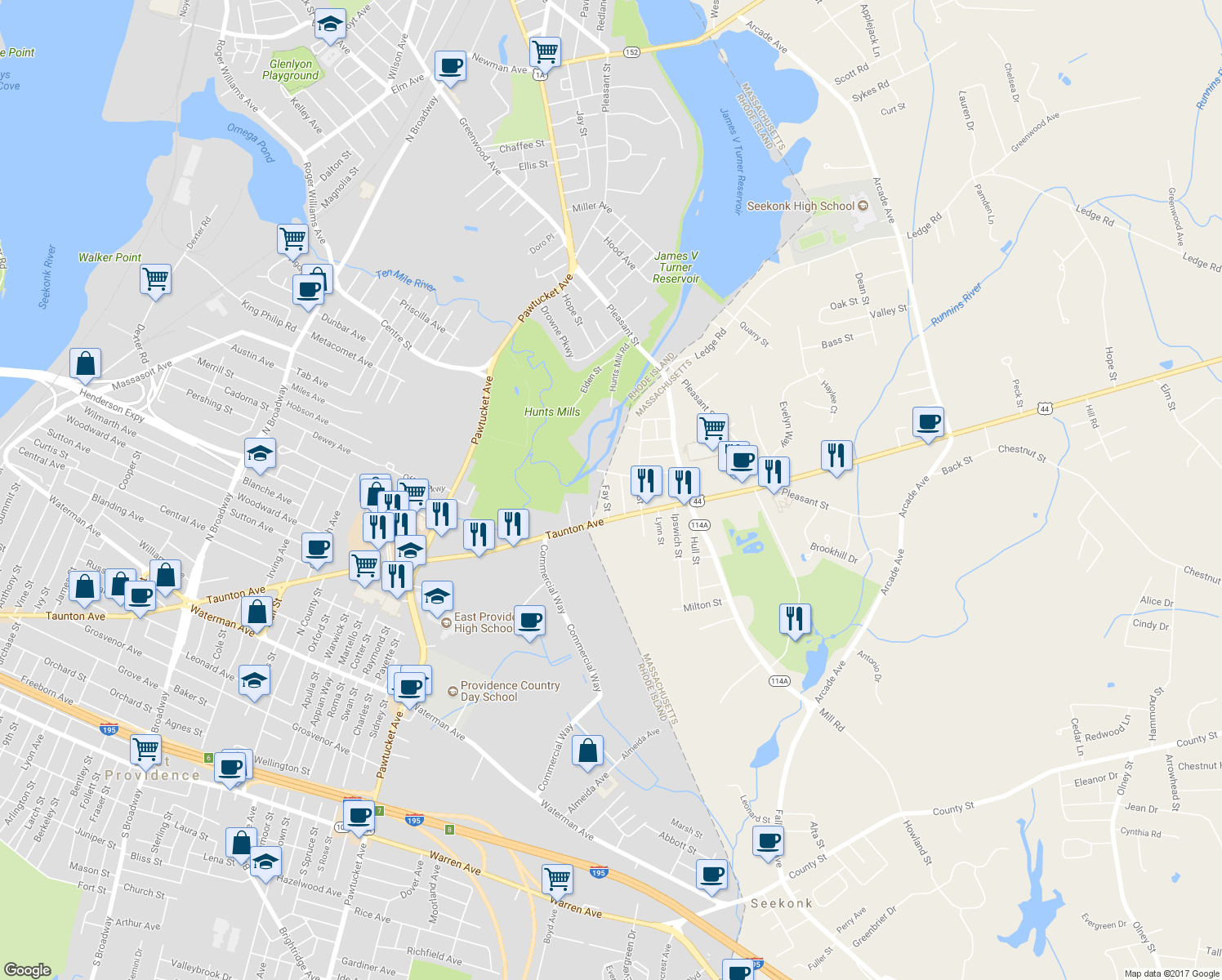 map of restaurants, bars, coffee shops, grocery stores, and more near 25 Fay Street in Seekonk