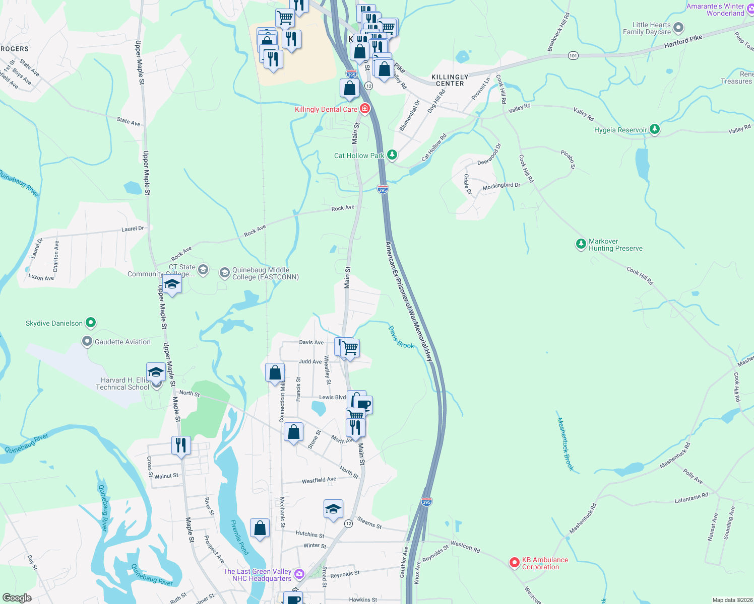 map of restaurants, bars, coffee shops, grocery stores, and more near 47 John St in Killingly