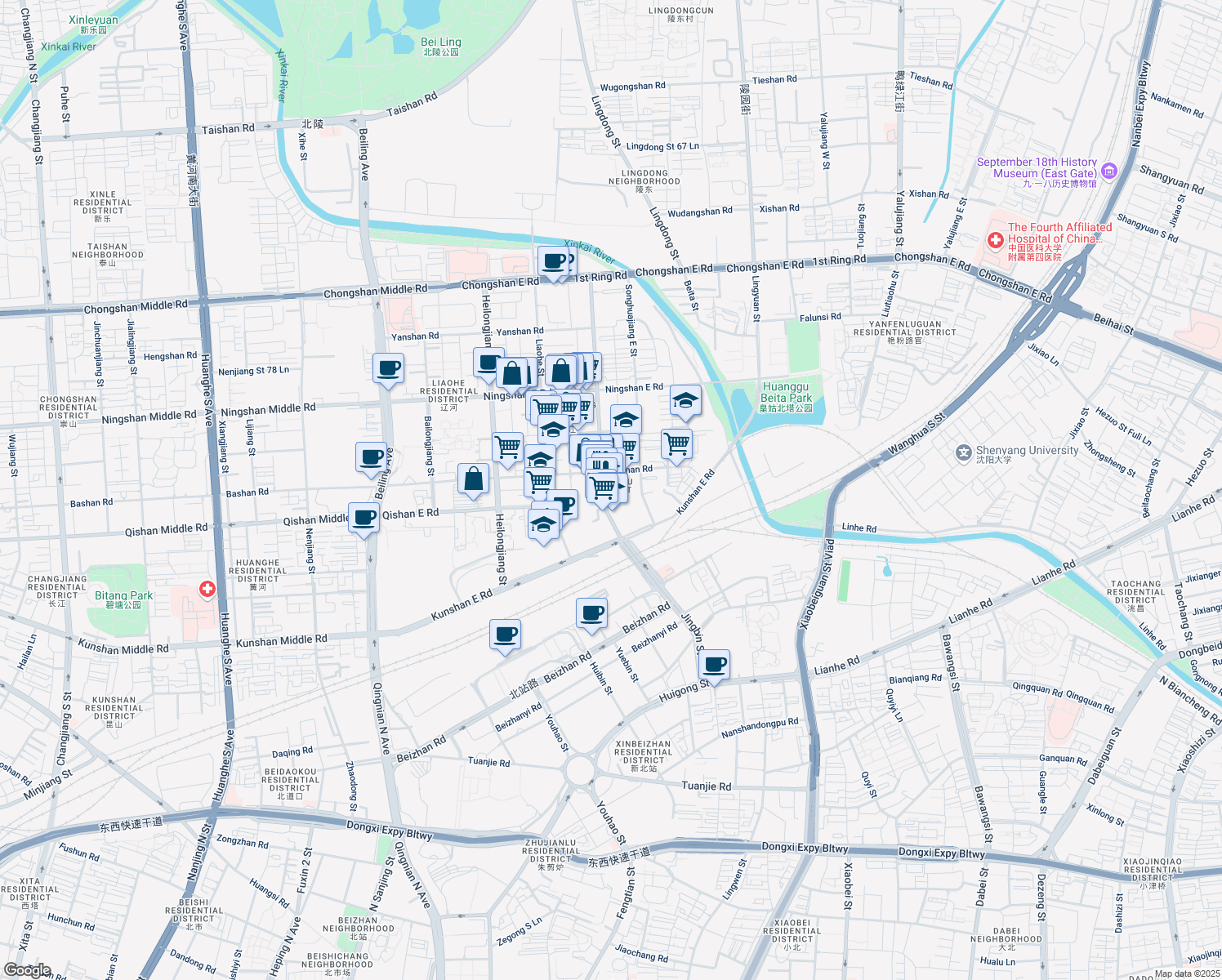 map of restaurants, bars, coffee shops, grocery stores, and more near in Shenyang