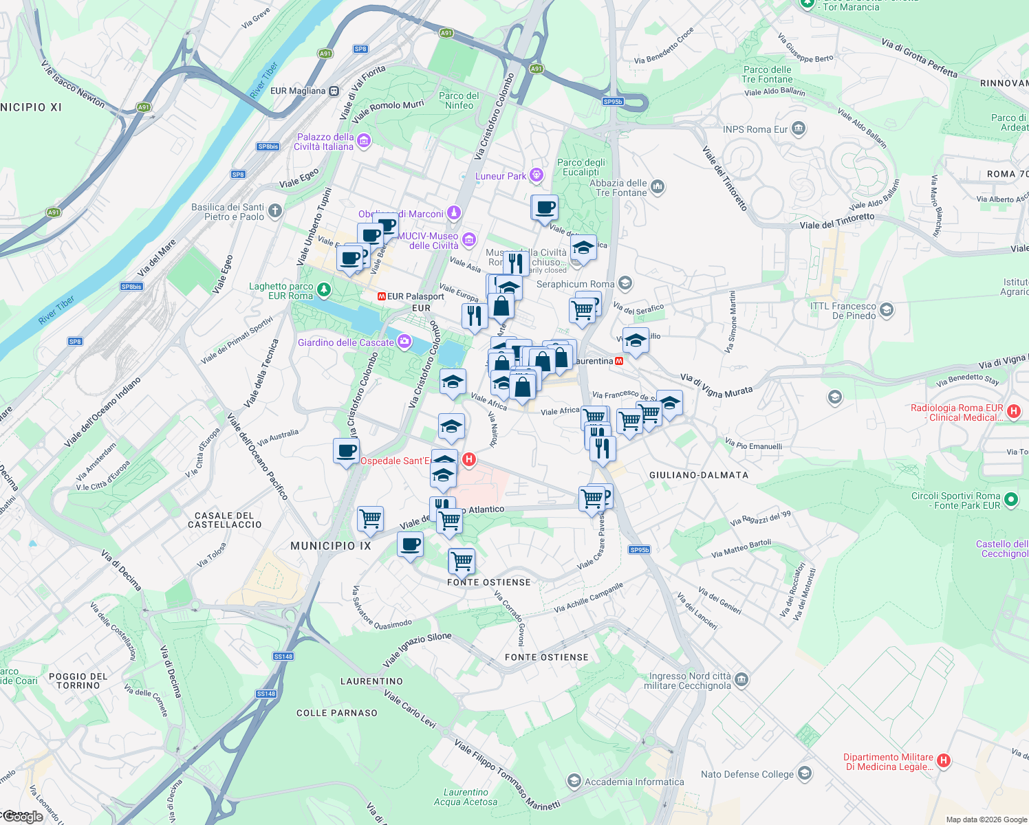 map of restaurants, bars, coffee shops, grocery stores, and more near 73 Viale Africa in Rome