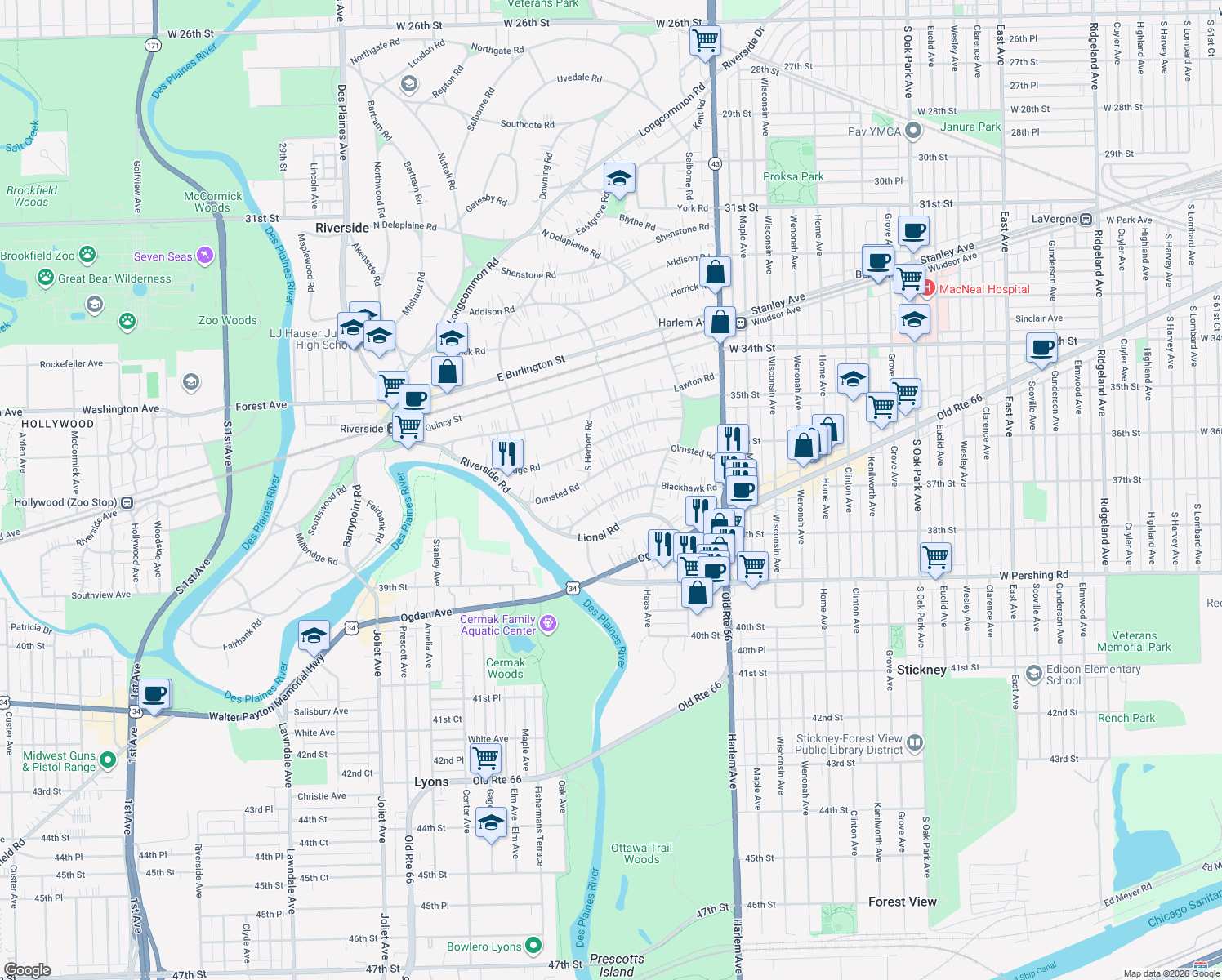 map of restaurants, bars, coffee shops, grocery stores, and more near 284 Blackhawk Road in Riverside