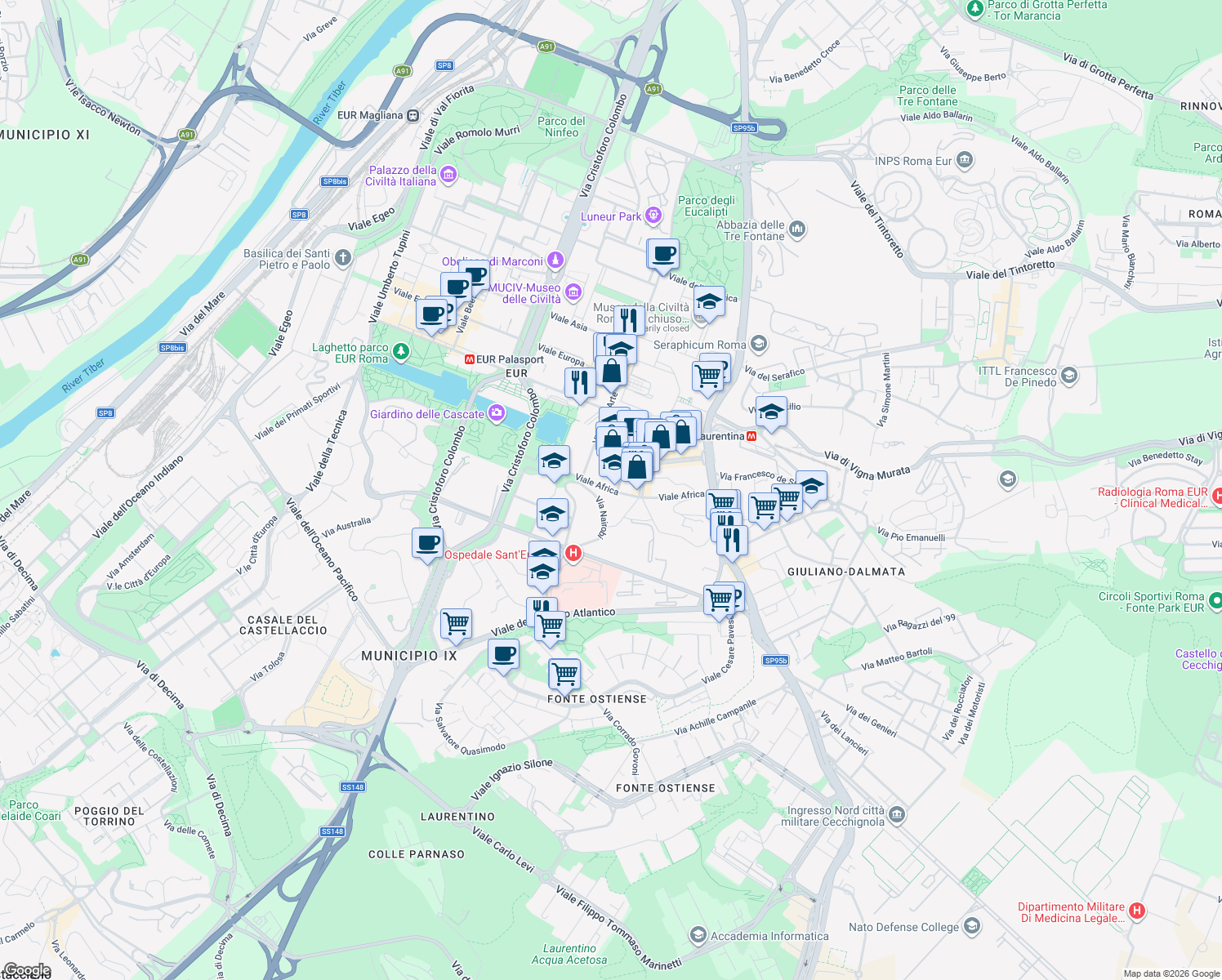 map of restaurants, bars, coffee shops, grocery stores, and more near 73 Viale Africa in Rome