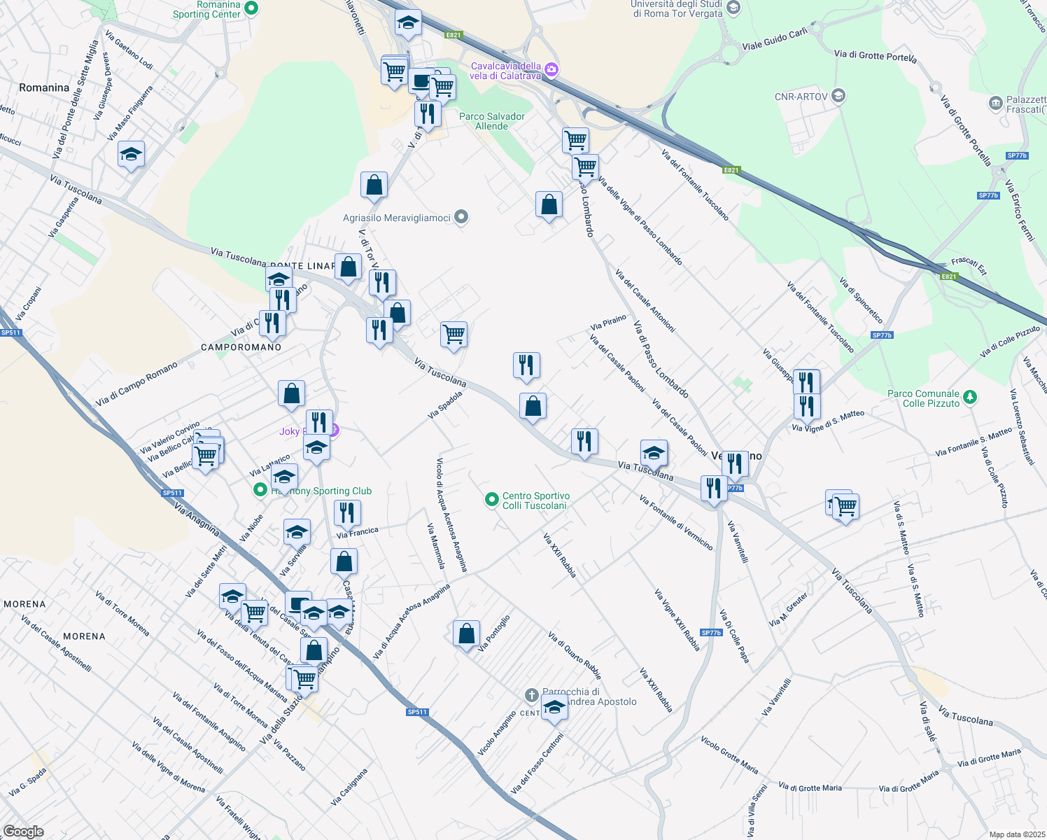 map of restaurants, bars, coffee shops, grocery stores, and more near 70 Via Tuscolana in Roma