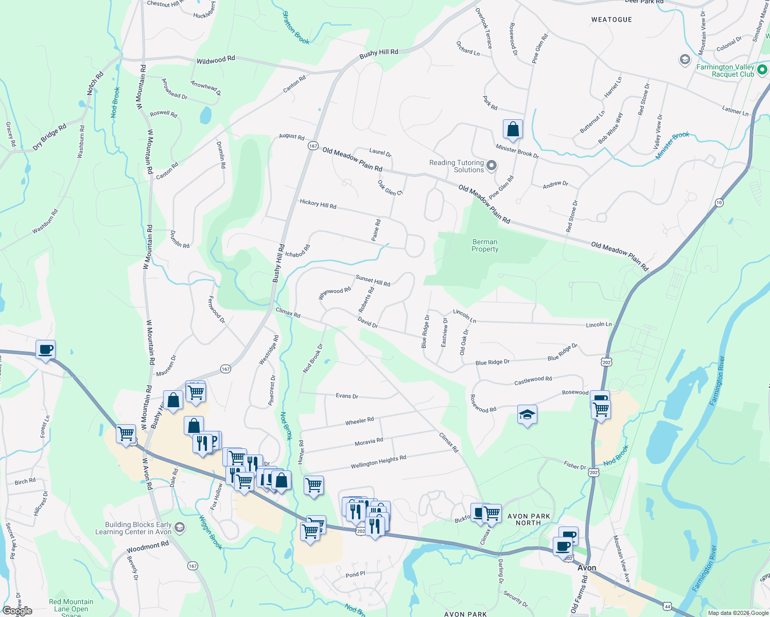 map of restaurants, bars, coffee shops, grocery stores, and more near 5 Sunset Hill Rd in Simsbury