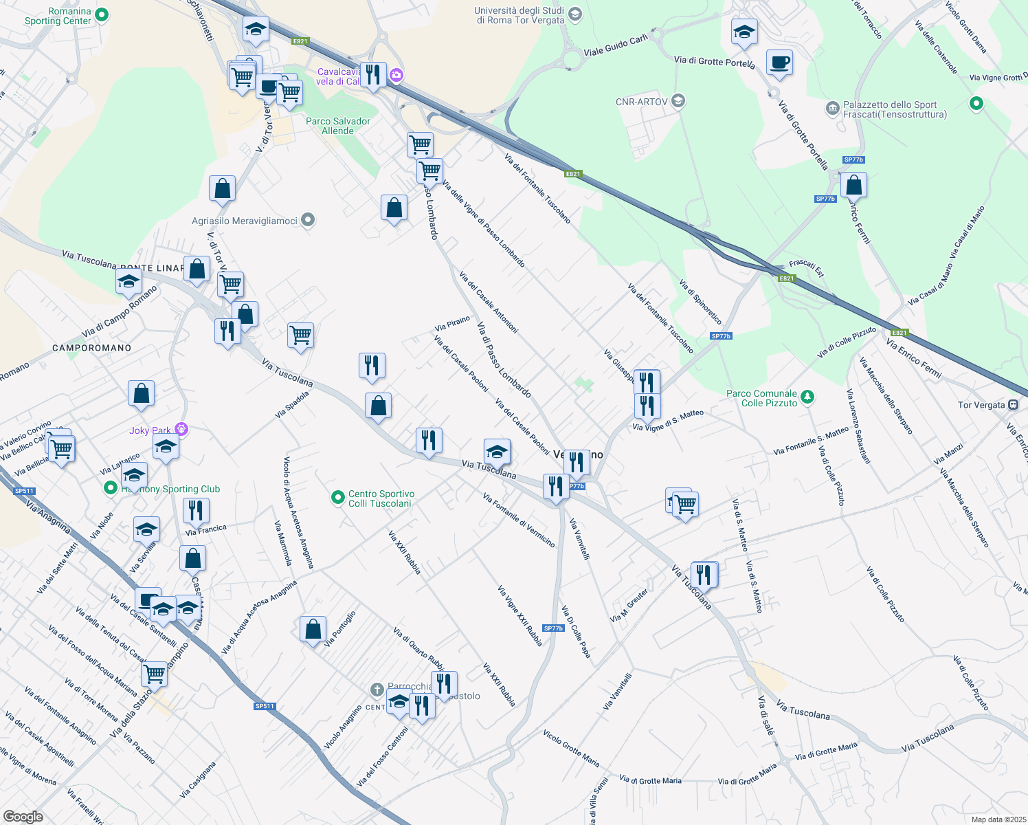 map of restaurants, bars, coffee shops, grocery stores, and more near 70 Via del Casale Paoloni in Roma