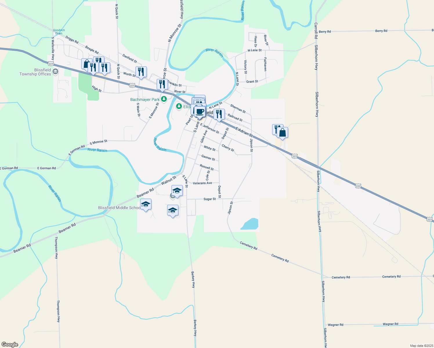 map of restaurants, bars, coffee shops, grocery stores, and more near 234 Russell Street in Blissfield