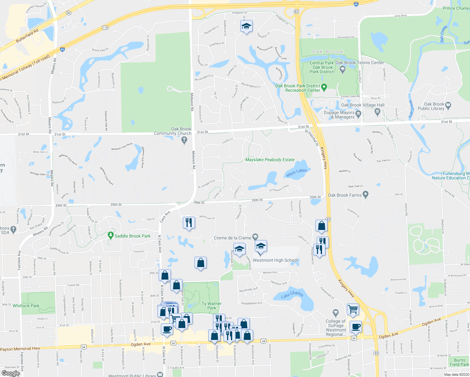map of restaurants, bars, coffee shops, grocery stores, and more near 408 Bridgeway Court in Oak Brook