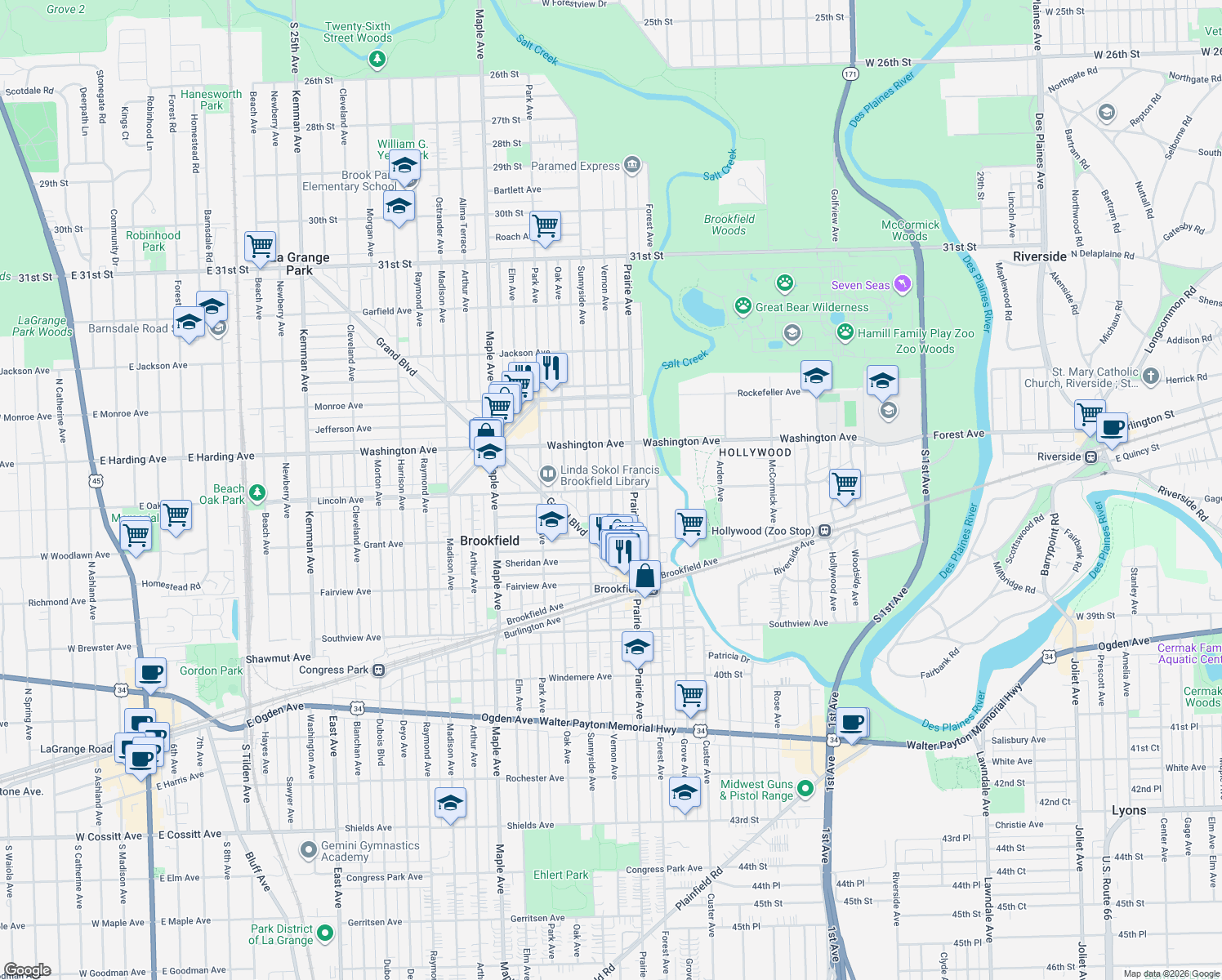 map of restaurants, bars, coffee shops, grocery stores, and more near Vernon Ave & Lincoln Ave in Brookfield