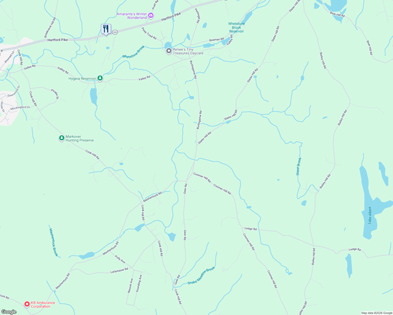 map of restaurants, bars, coffee shops, grocery stores, and more near 60 Burlingame Road in Killingly