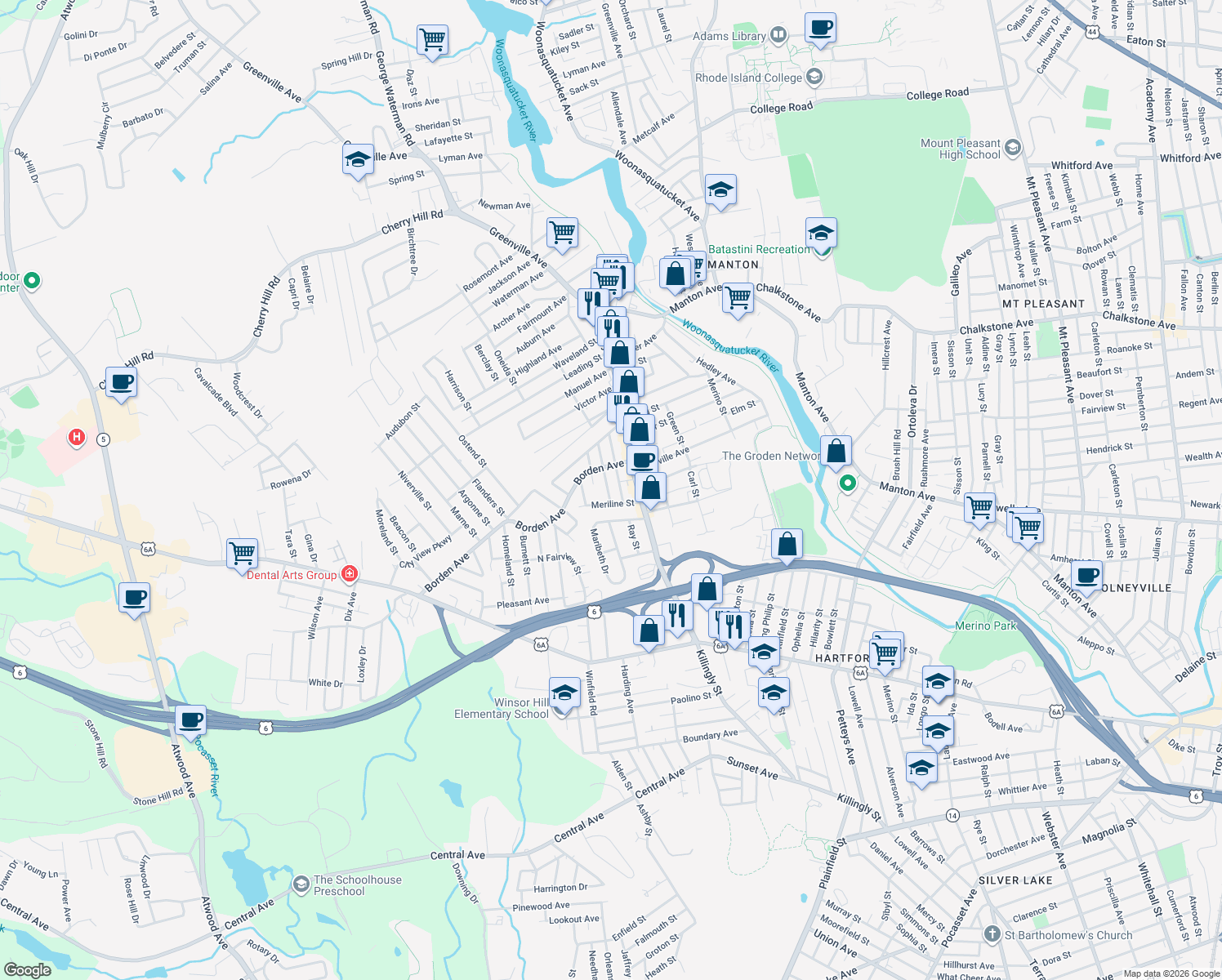 map of restaurants, bars, coffee shops, grocery stores, and more near 16 Albermarle Avenue in Johnston