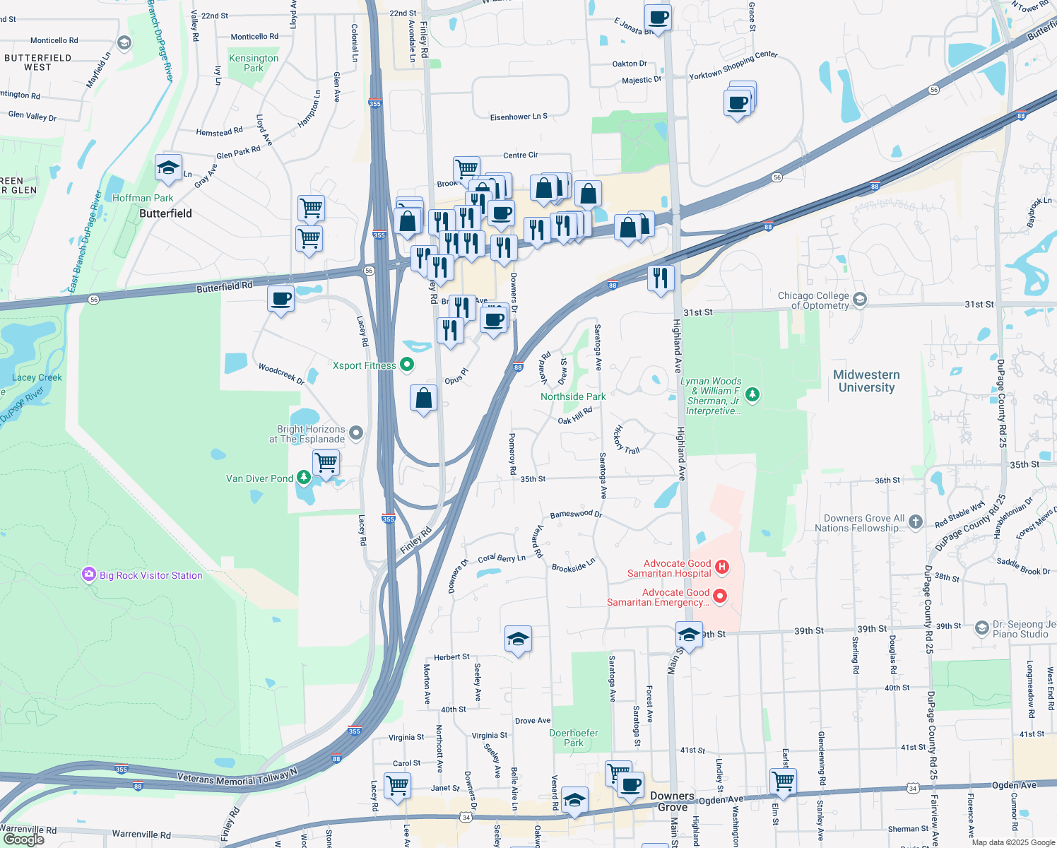 map of restaurants, bars, coffee shops, grocery stores, and more near 1420 Acorn Avenue in Downers Grove