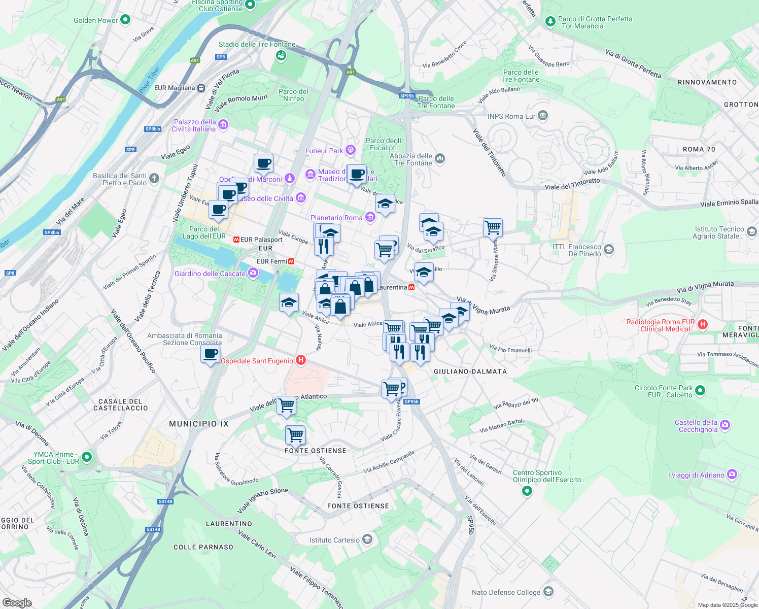 map of restaurants, bars, coffee shops, grocery stores, and more near 15 Piazzale Giulio Douhet in Roma