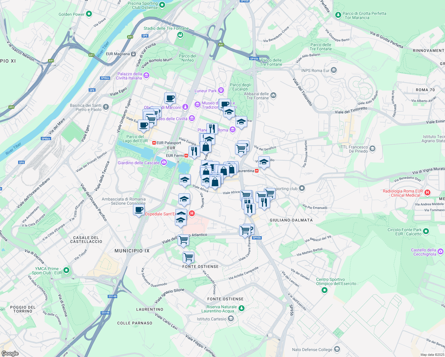 map of restaurants, bars, coffee shops, grocery stores, and more near 62 Via delle Montagne Rocciose in Roma