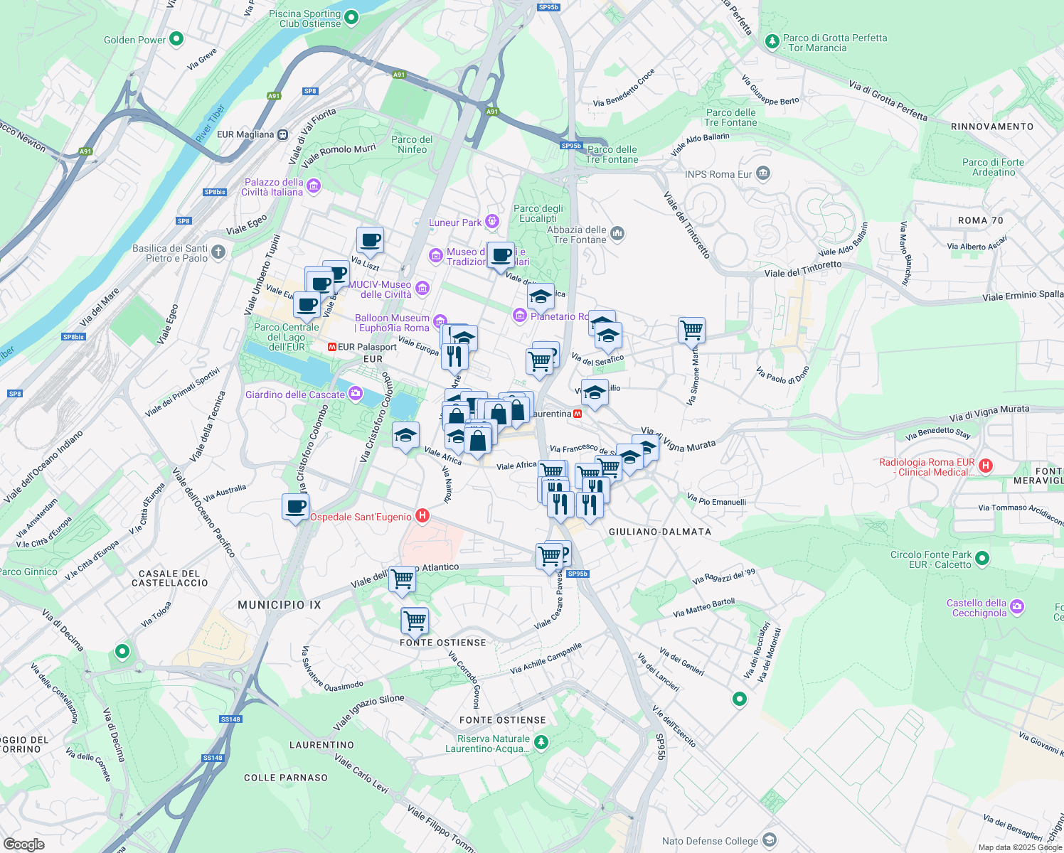 map of restaurants, bars, coffee shops, grocery stores, and more near 15 Piazzale Giulio Douhet in Rome