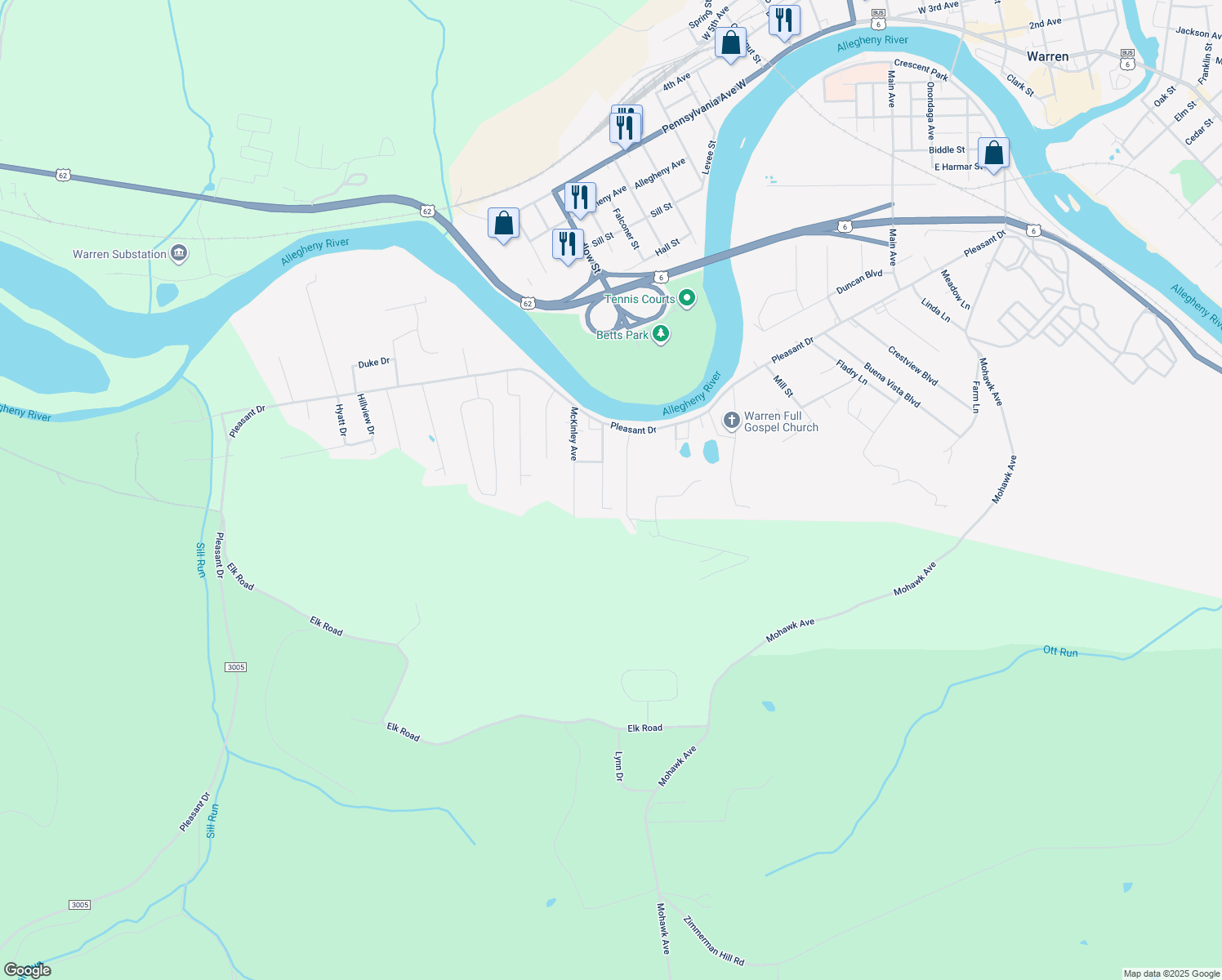 map of restaurants, bars, coffee shops, grocery stores, and more near 64 Fuller Avenue in Warren