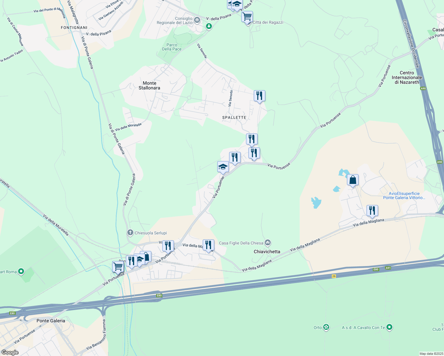 map of restaurants, bars, coffee shops, grocery stores, and more near 1270 Via Portuense in Ponte Galeria-la Pisana