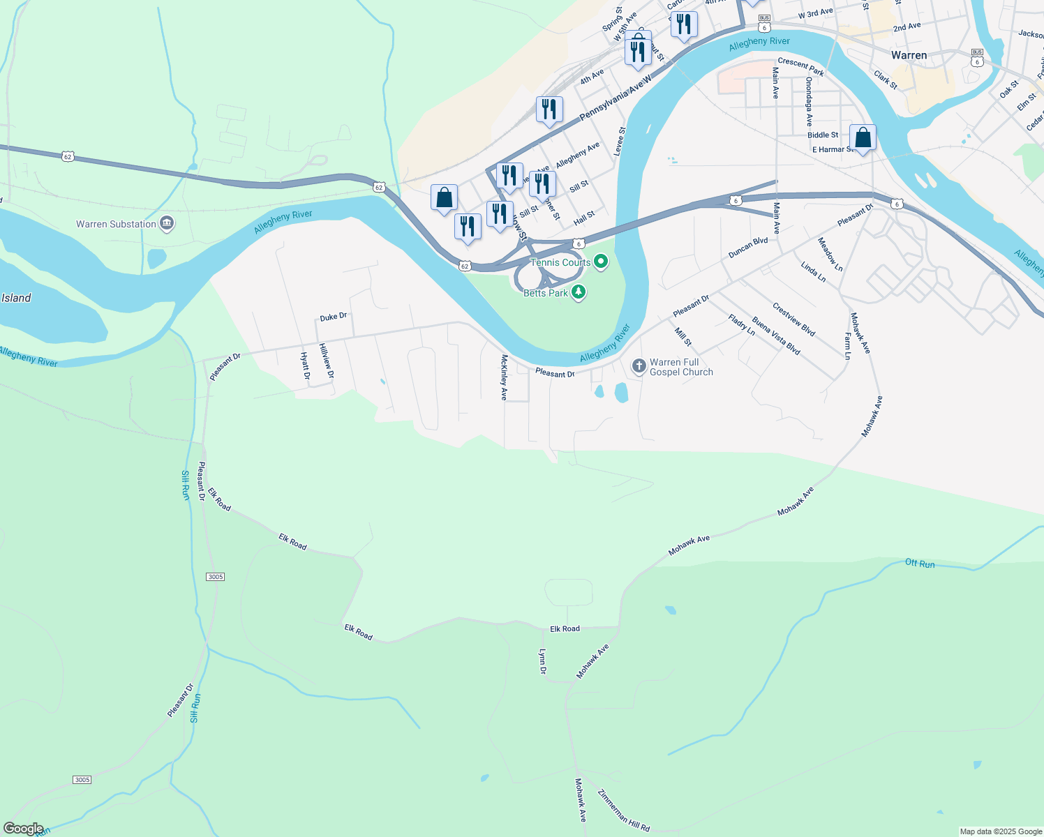 map of restaurants, bars, coffee shops, grocery stores, and more near 64 Fuller Avenue in Warren