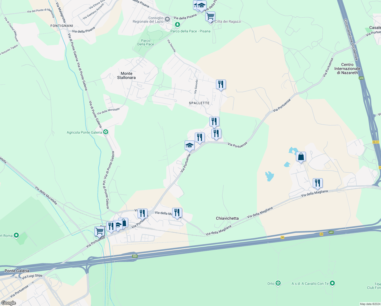 map of restaurants, bars, coffee shops, grocery stores, and more near 1270 Via Portuense in Ponte Galeria-la Pisana