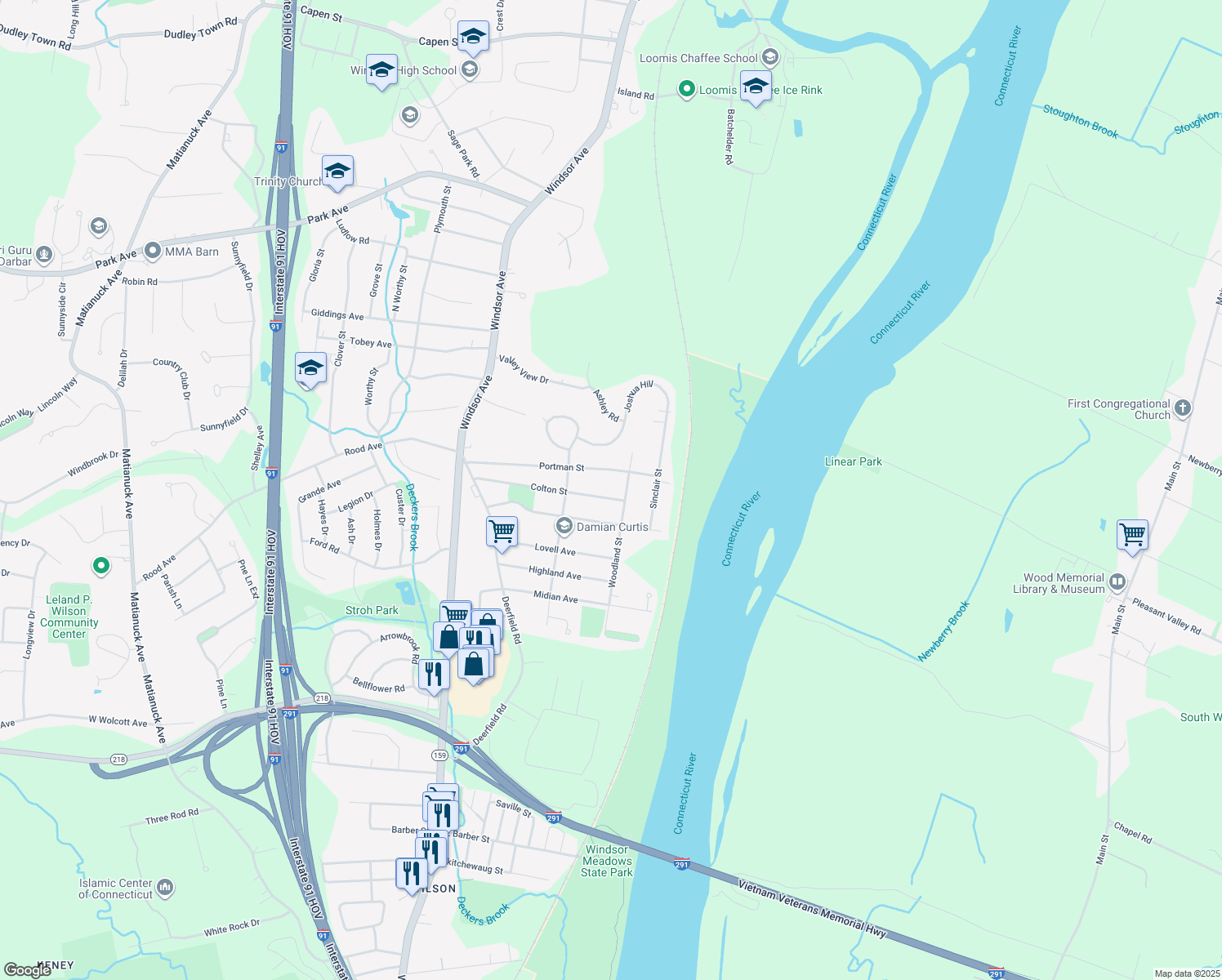 map of restaurants, bars, coffee shops, grocery stores, and more near 165 Colton St in Windsor