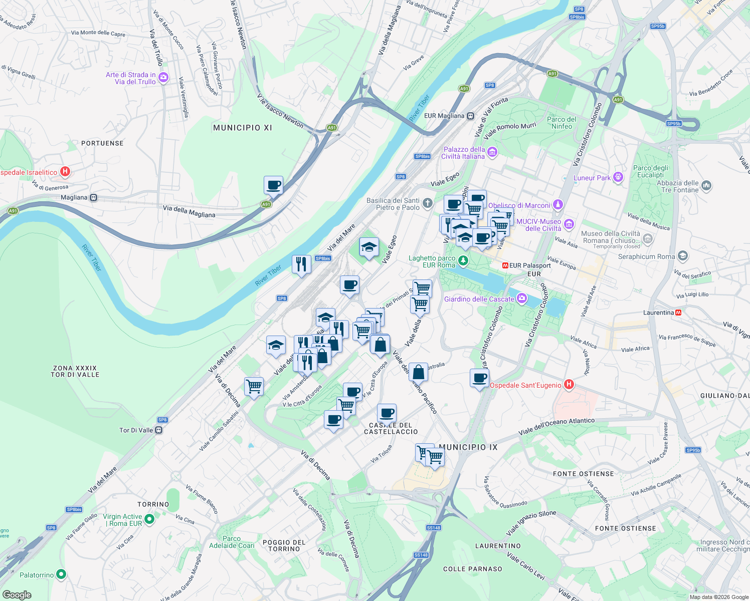 map of restaurants, bars, coffee shops, grocery stores, and more near 88 Viale dei Primati Sportivi in Roma