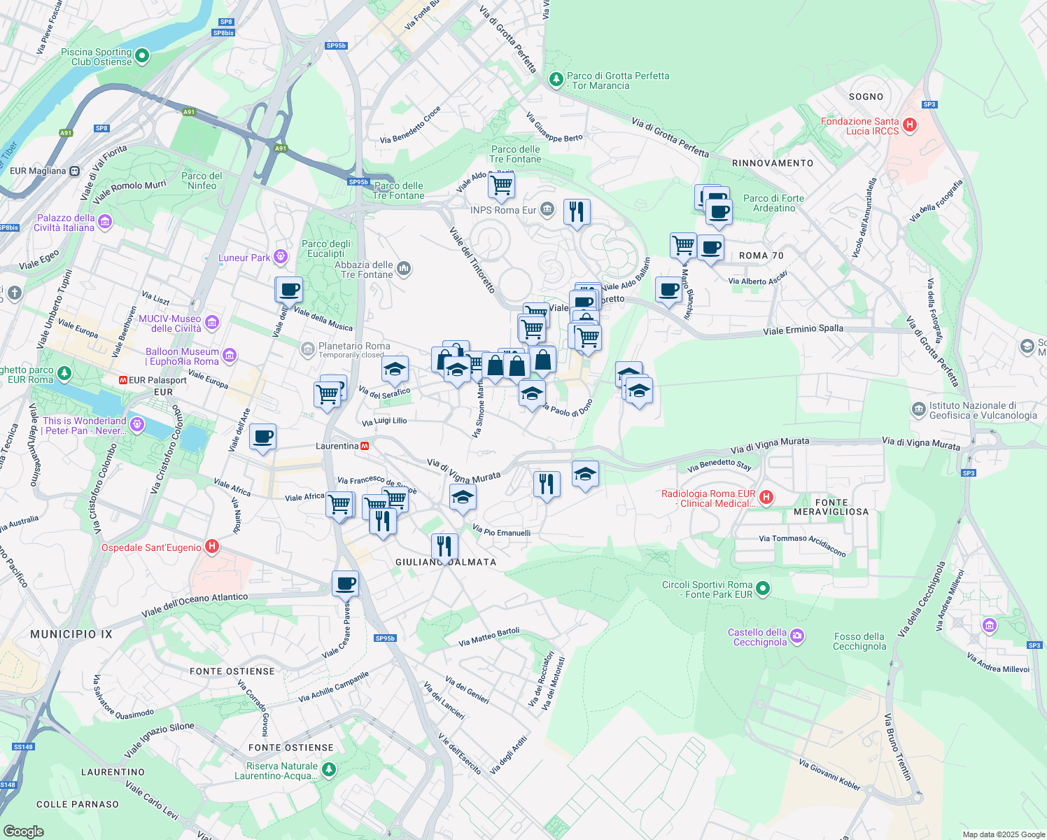 map of restaurants, bars, coffee shops, grocery stores, and more near 16 Via Antonio Pisano in Roma
