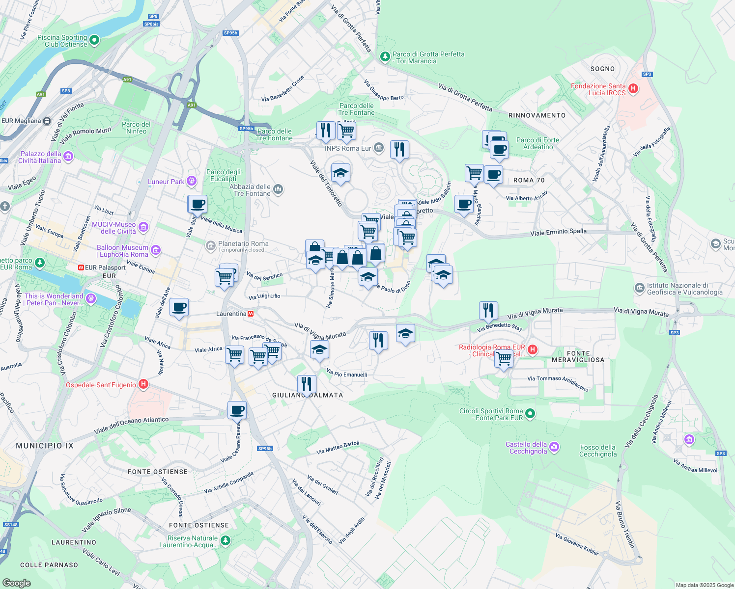 map of restaurants, bars, coffee shops, grocery stores, and more near 16 Via Antonio Pisano in Rome