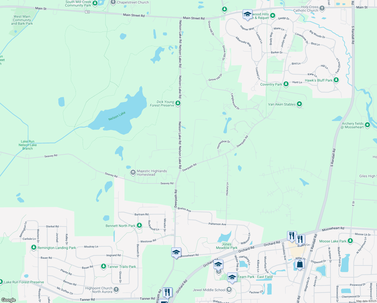 map of restaurants, bars, coffee shops, grocery stores, and more near 2S702 Partridge Road in Batavia