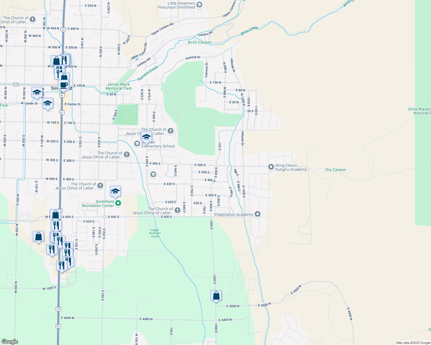 map of restaurants, bars, coffee shops, grocery stores, and more near 825 E 350 S in Smithfield
