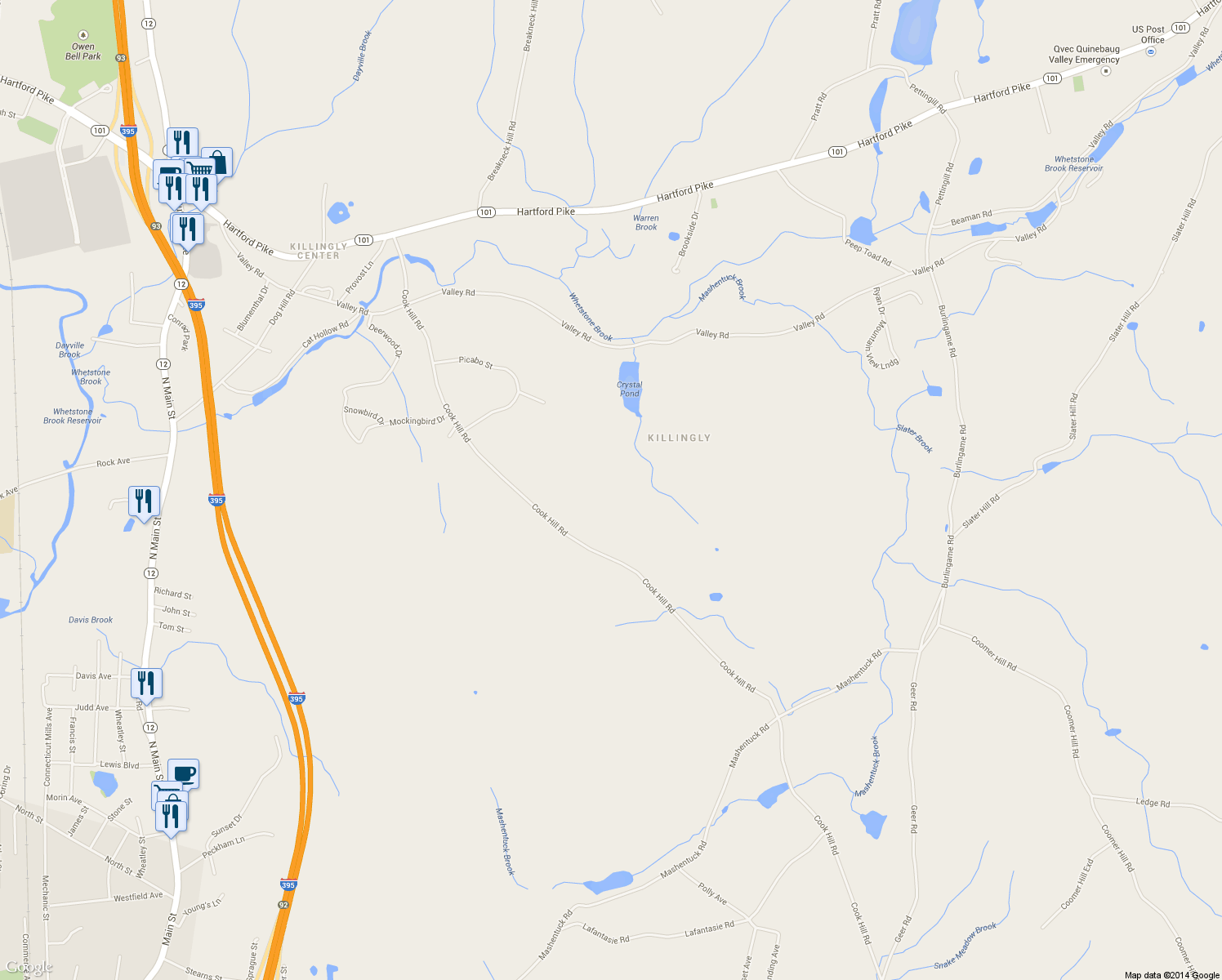 map of restaurants, bars, coffee shops, grocery stores, and more near 680 Cook Hill Road in Killingly