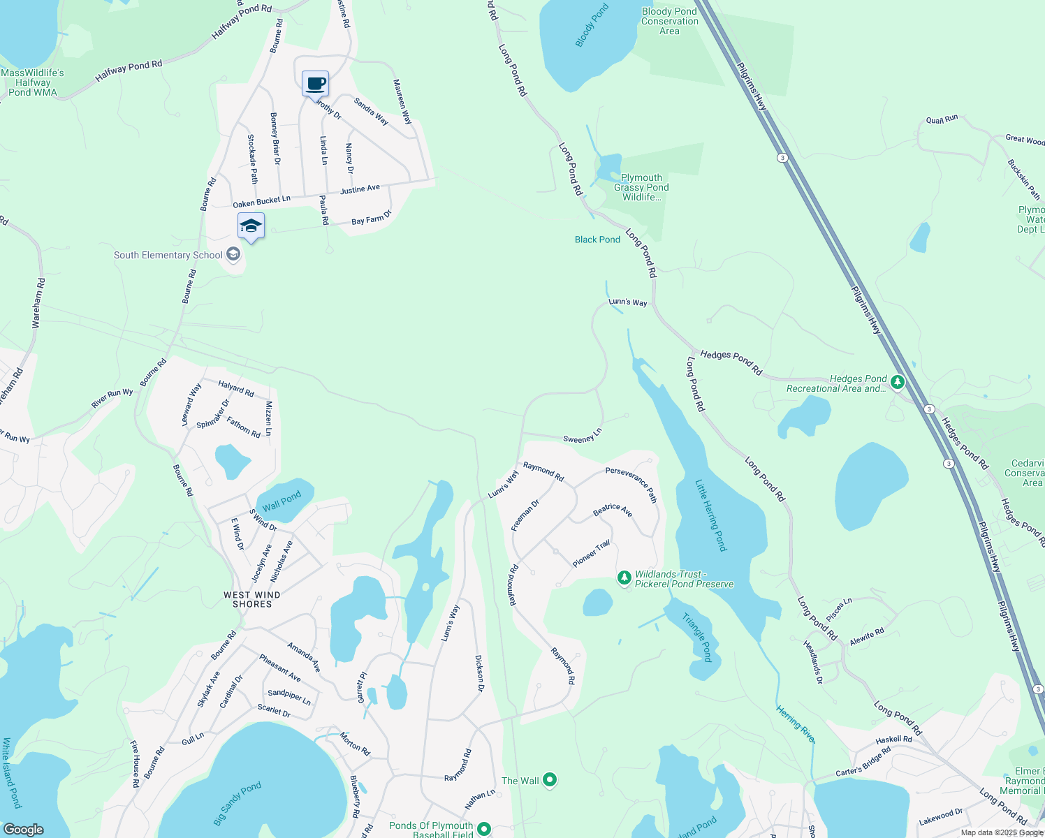 map of restaurants, bars, coffee shops, grocery stores, and more near 634 Lunn's Way in Plymouth
