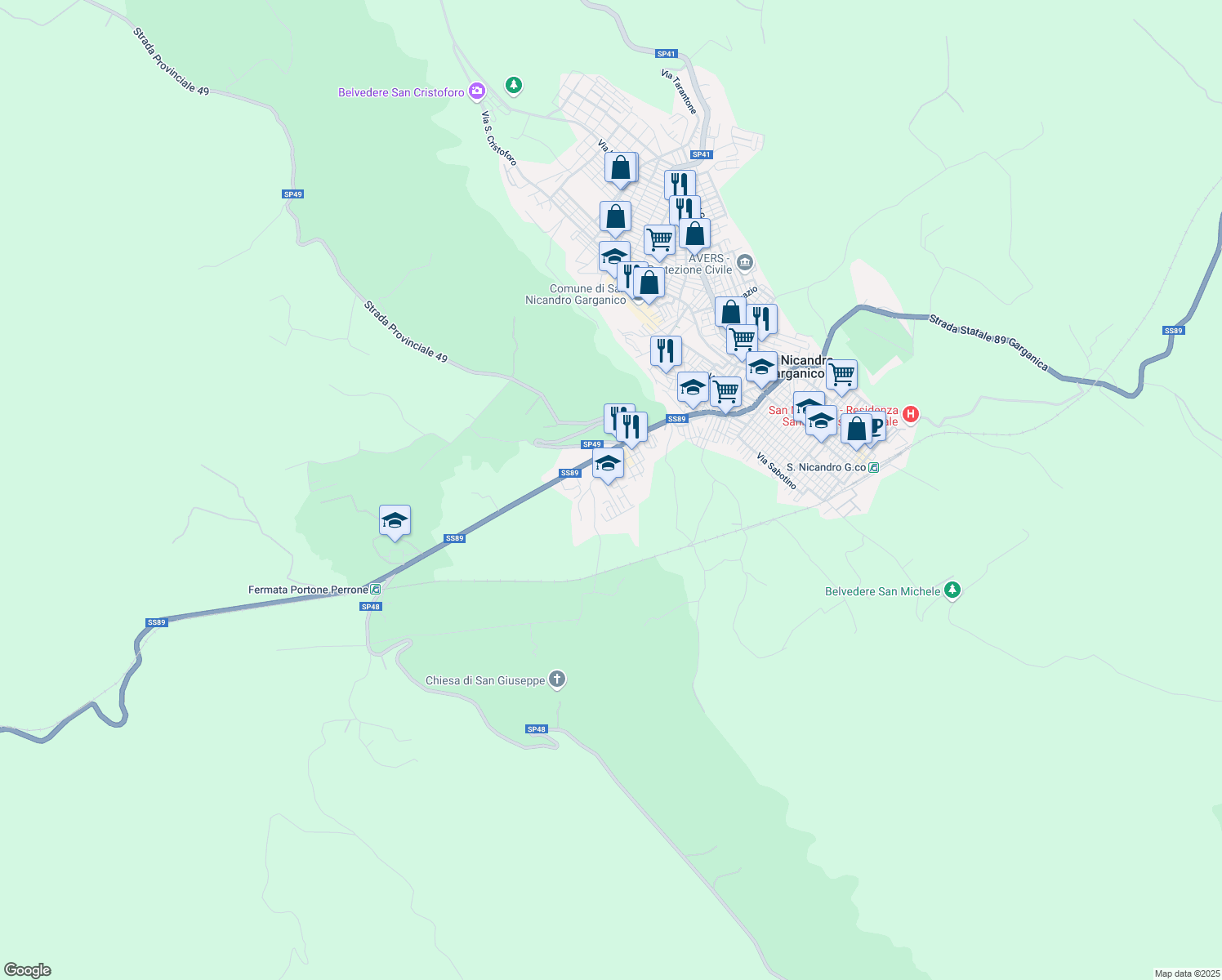 map of restaurants, bars, coffee shops, grocery stores, and more near 13 Via Madonna di Guadalupe in San Nicandro Garganico