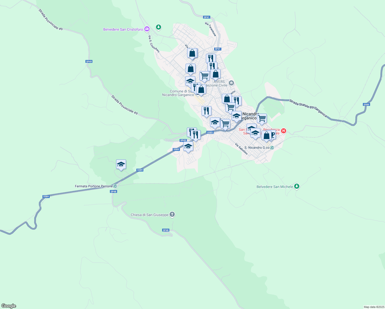 map of restaurants, bars, coffee shops, grocery stores, and more near 13 Via Madonna di Guadalupe in San Nicandro Garganico