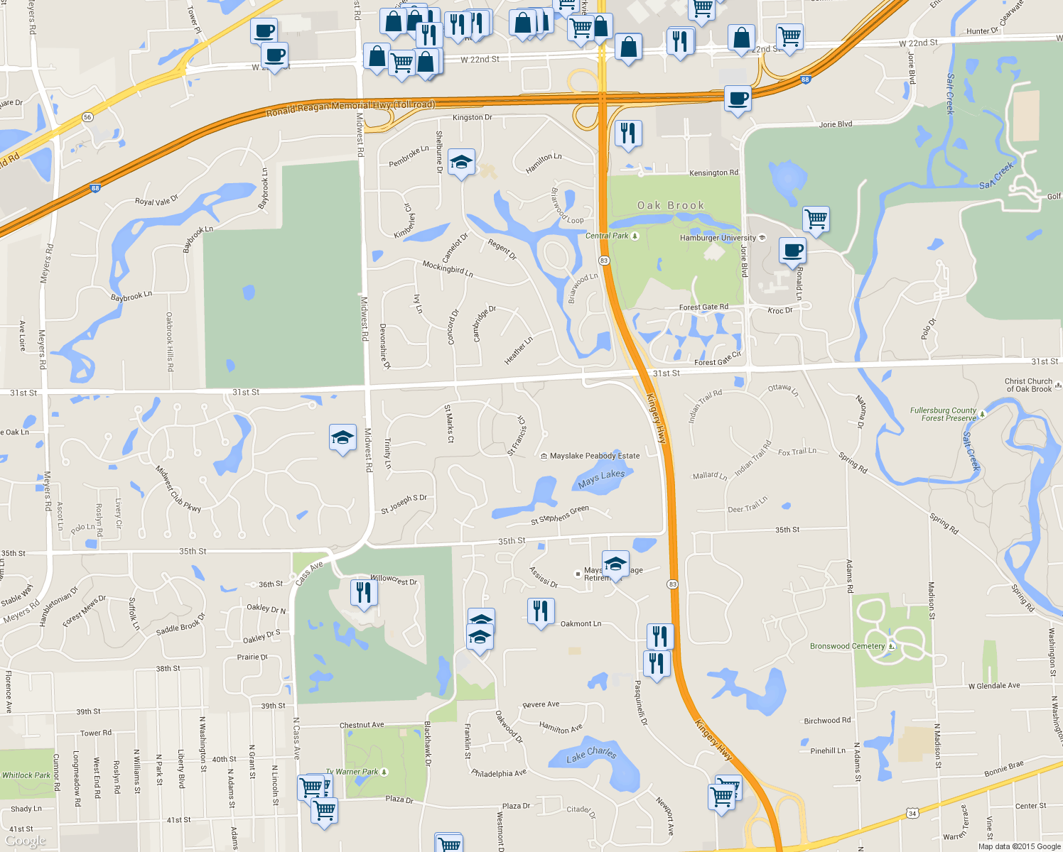 map of restaurants, bars, coffee shops, grocery stores, and more near 124 Saint Francis Circle in Oak Brook