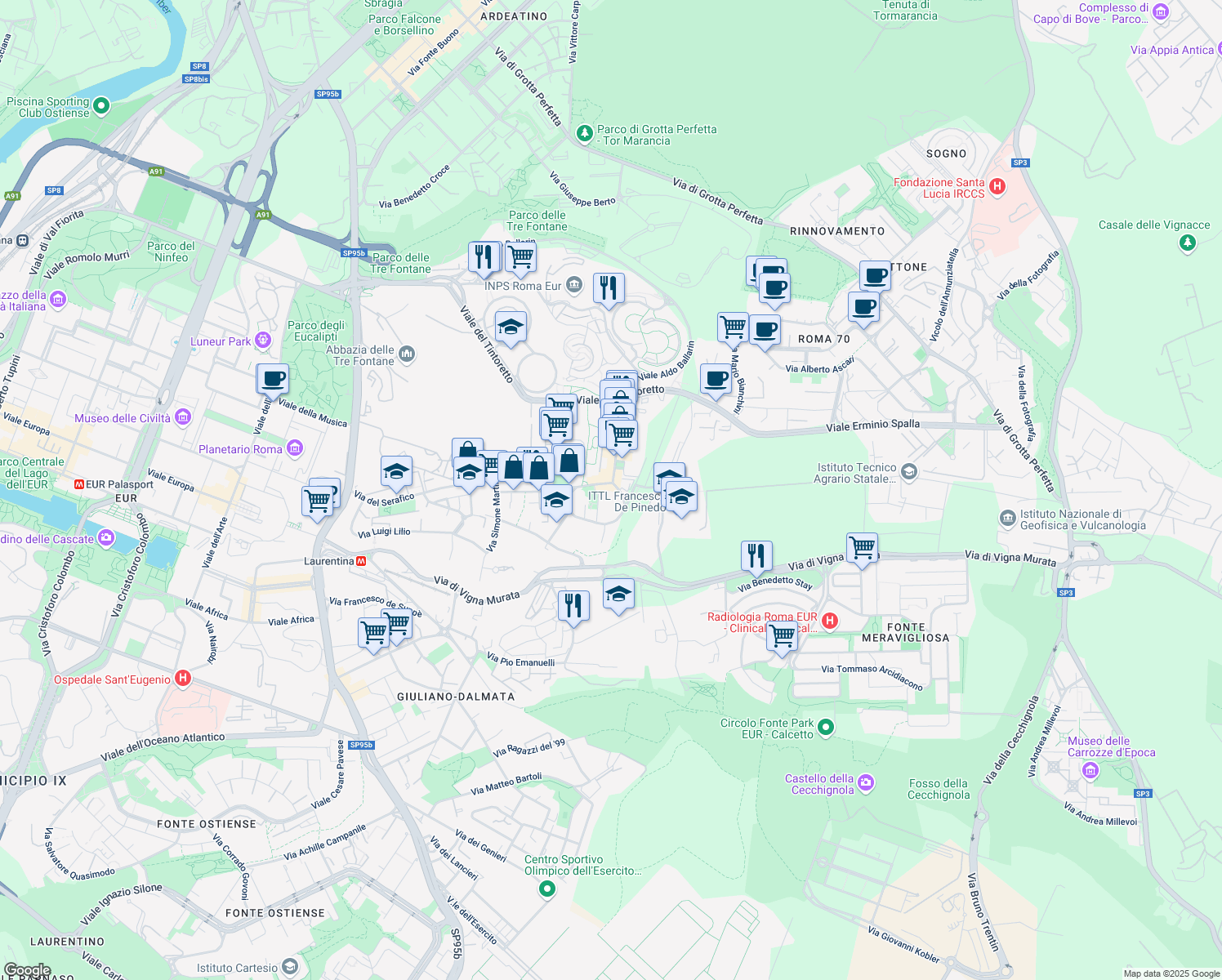 map of restaurants, bars, coffee shops, grocery stores, and more near 44 Via Paolo di Dono in Roma