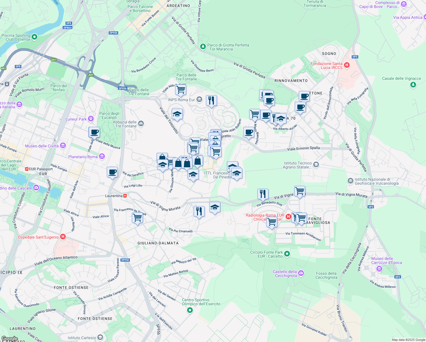 map of restaurants, bars, coffee shops, grocery stores, and more near 44 Via Paolo di Dono in Roma