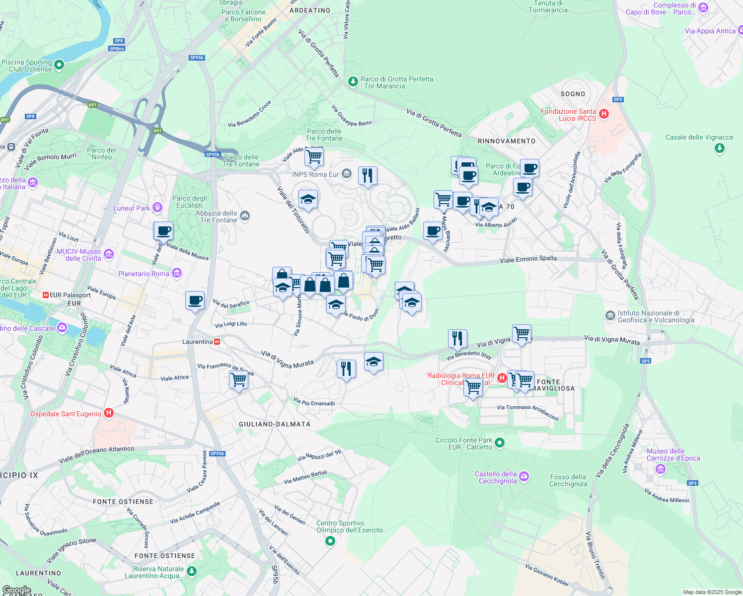 map of restaurants, bars, coffee shops, grocery stores, and more near 44 Via Paolo di Dono in Roma