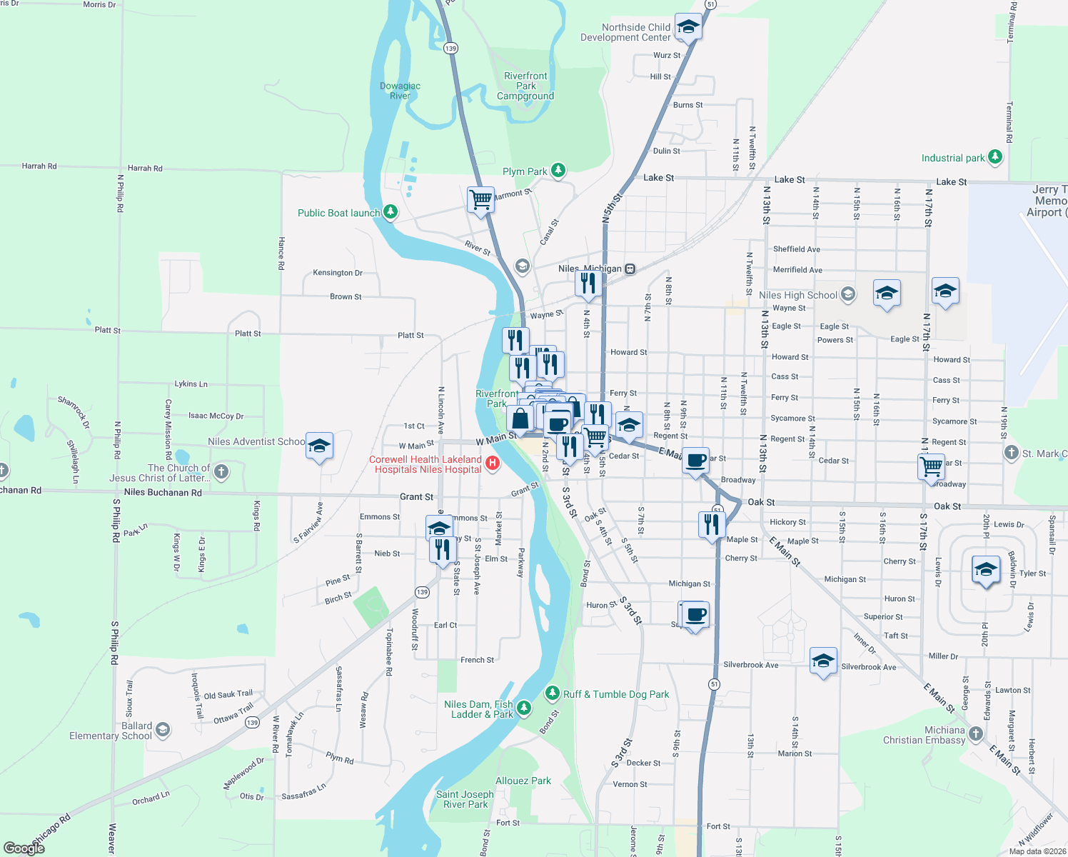 map of restaurants, bars, coffee shops, grocery stores, and more near 111 East Main Street in Niles