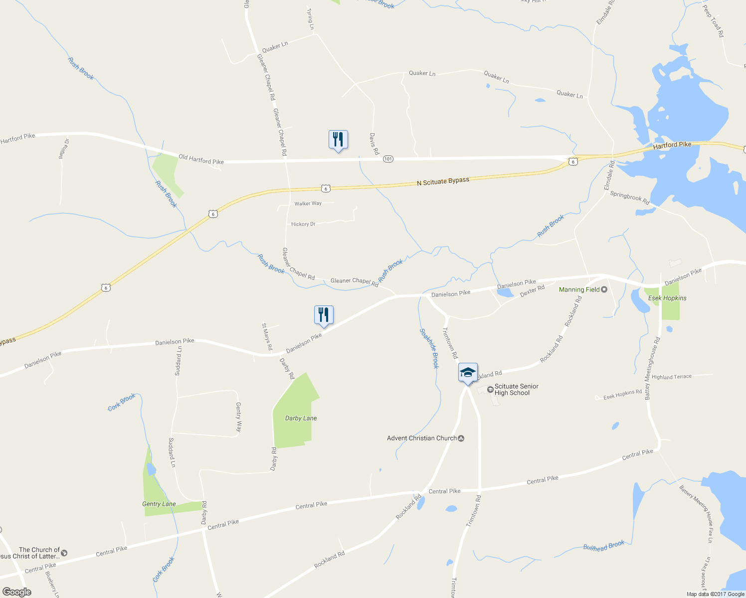 map of restaurants, bars, coffee shops, grocery stores, and more near 10 Gleaner Chapel Road in Scituate