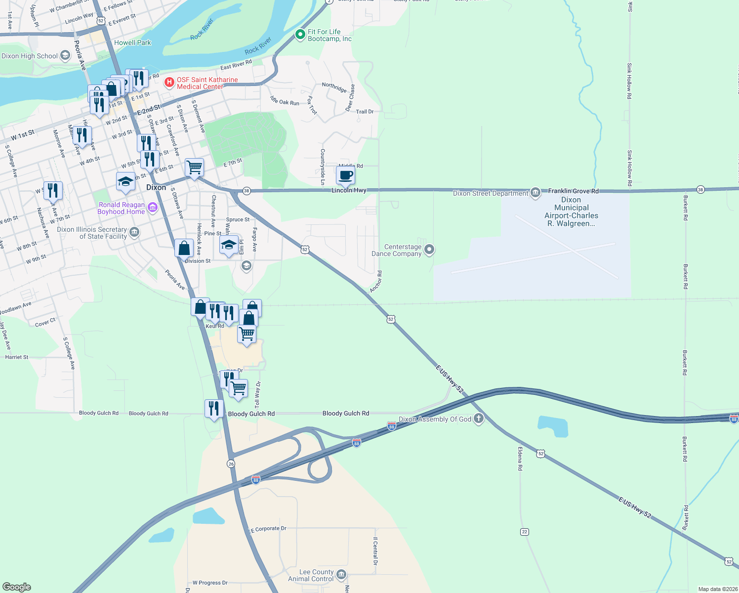 map of restaurants, bars, coffee shops, grocery stores, and more near 1417 Chicago Avenue in Dixon