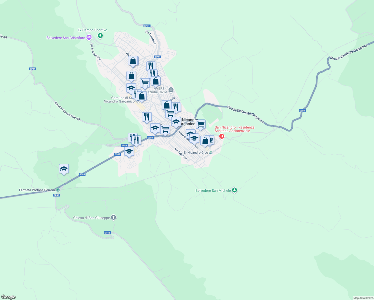 map of restaurants, bars, coffee shops, grocery stores, and more near 33 Via Michele Cervone in San Nicandro Garganico