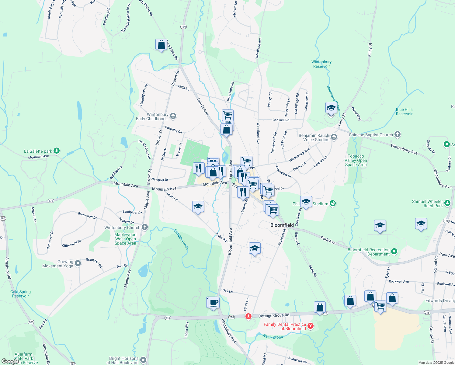 map of restaurants, bars, coffee shops, grocery stores, and more near 3 Mountain Avenue in Bloomfield
