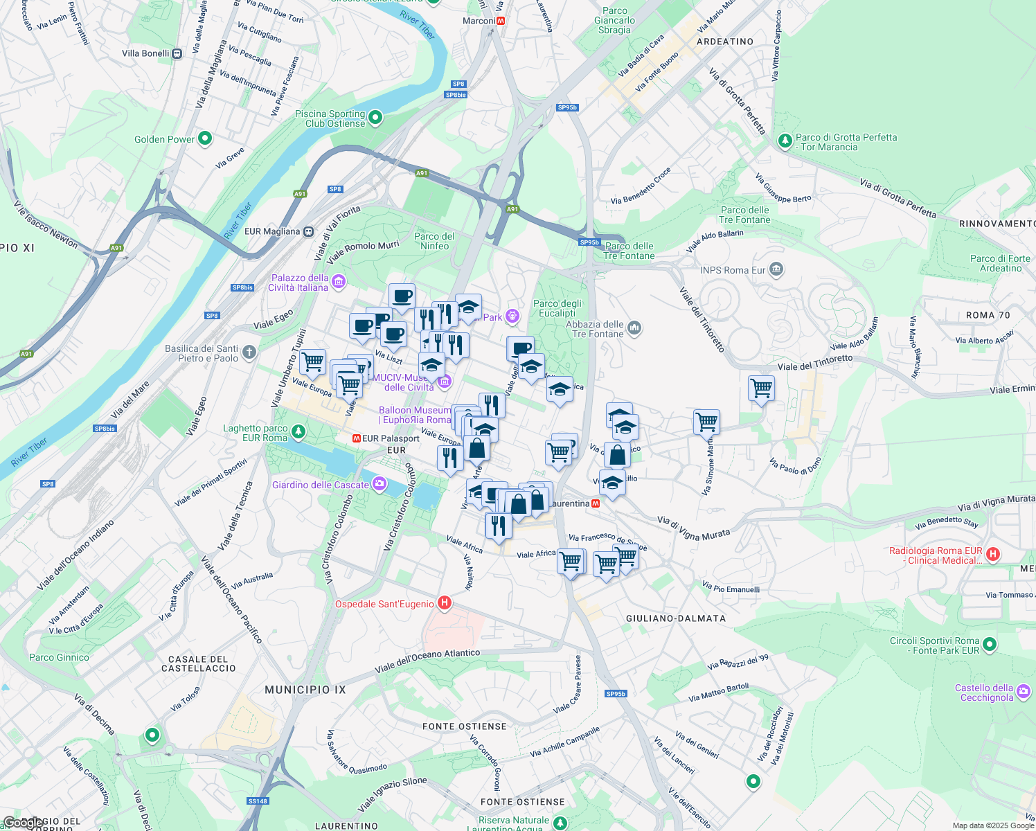 map of restaurants, bars, coffee shops, grocery stores, and more near 25 Viale dell'Arte in Roma