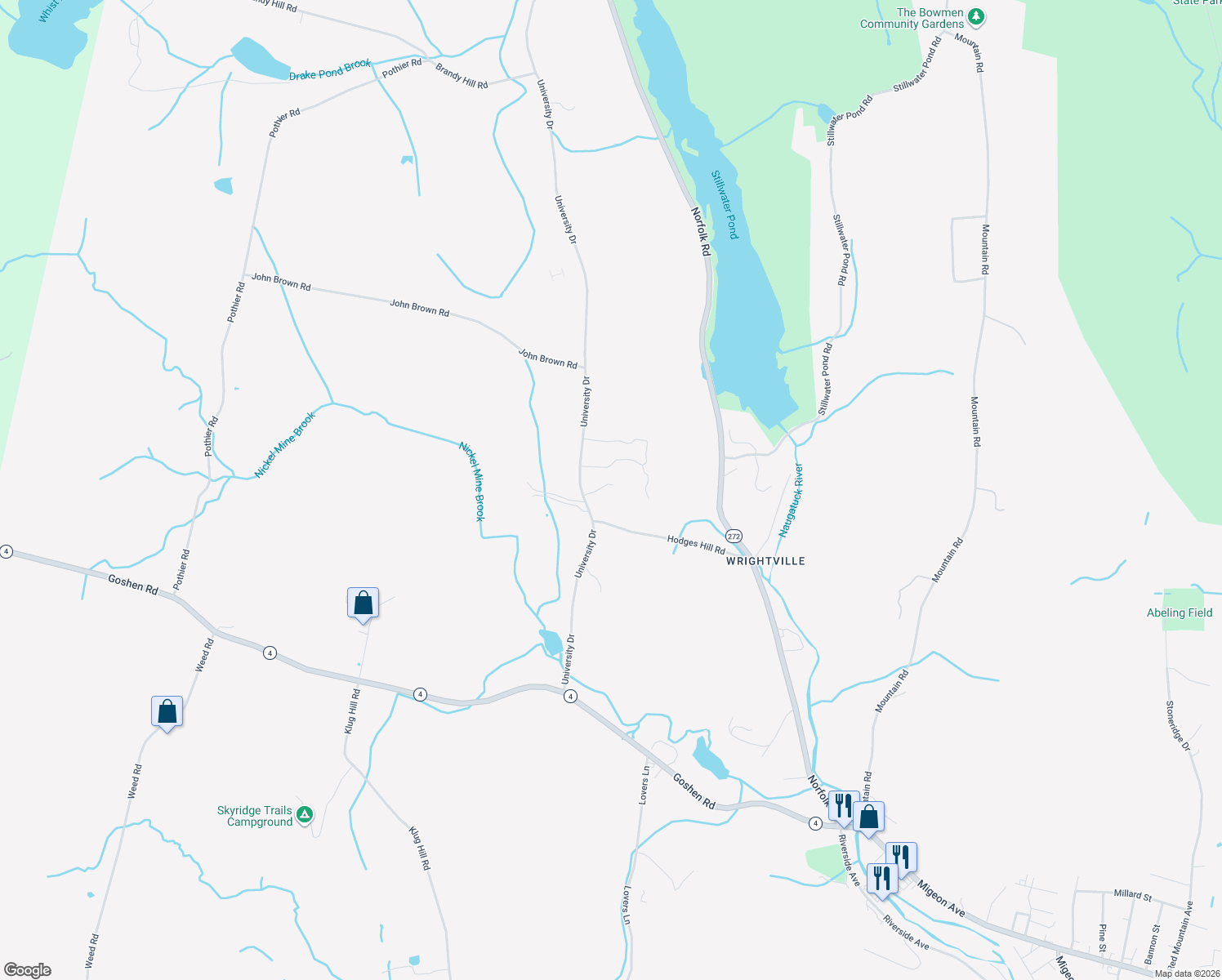 map of restaurants, bars, coffee shops, grocery stores, and more near 404 University Drive in Torrington