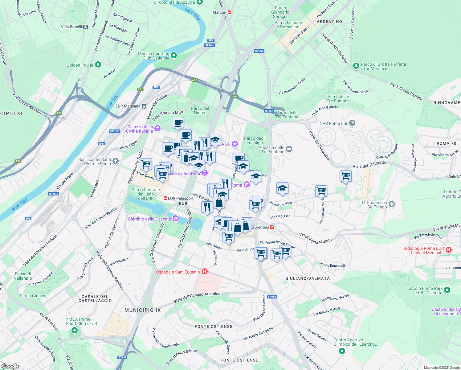map of restaurants, bars, coffee shops, grocery stores, and more near 25 Viale dell'Arte in Roma